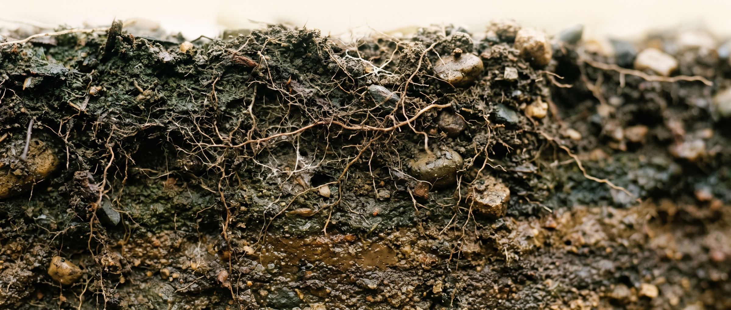 Cross-section of dark topsoil threaded with fine roots