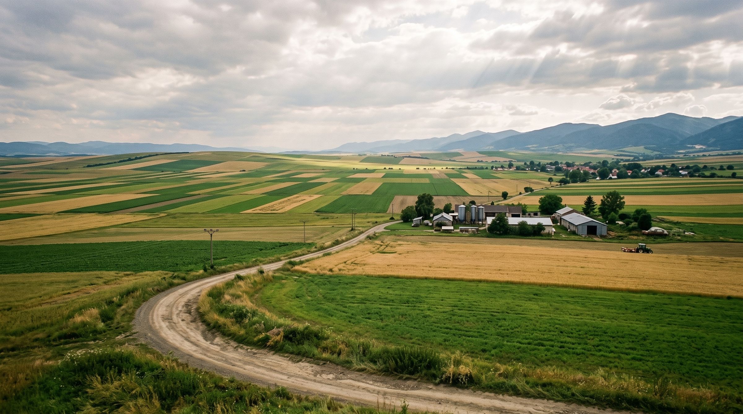 Wide view of grain fields and farm buildings