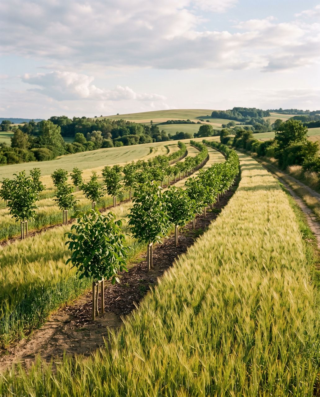Alley cropping: young tree rows sheltering strips of cereal field