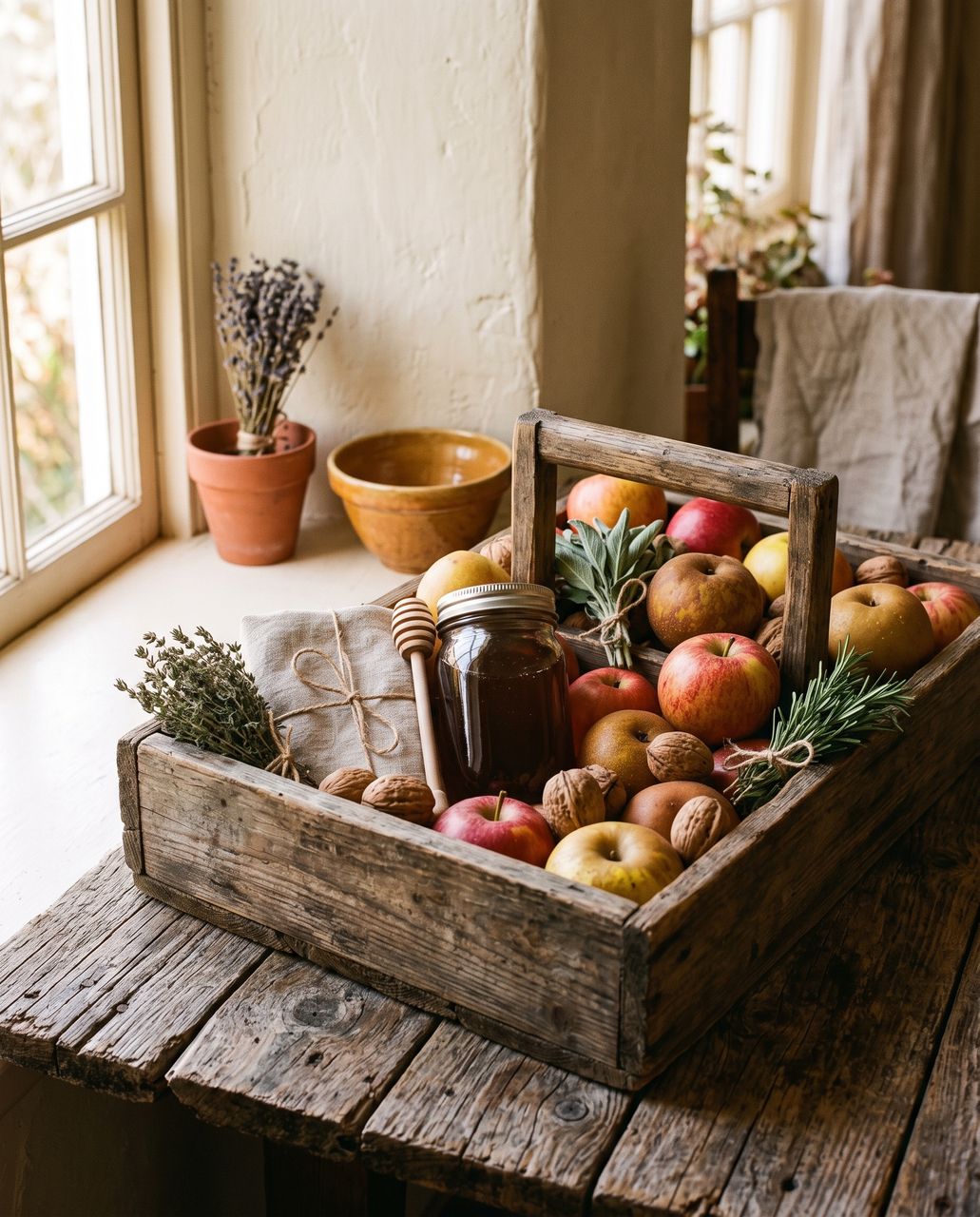 Harvest crate of heritage produce and dried herbs on rough wood