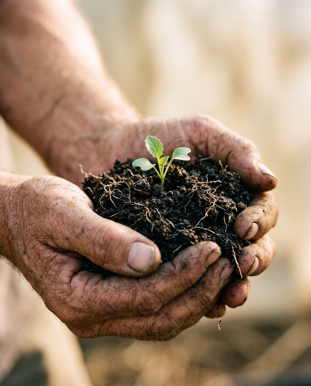 Hands holding dark living topsoil with visible root threads