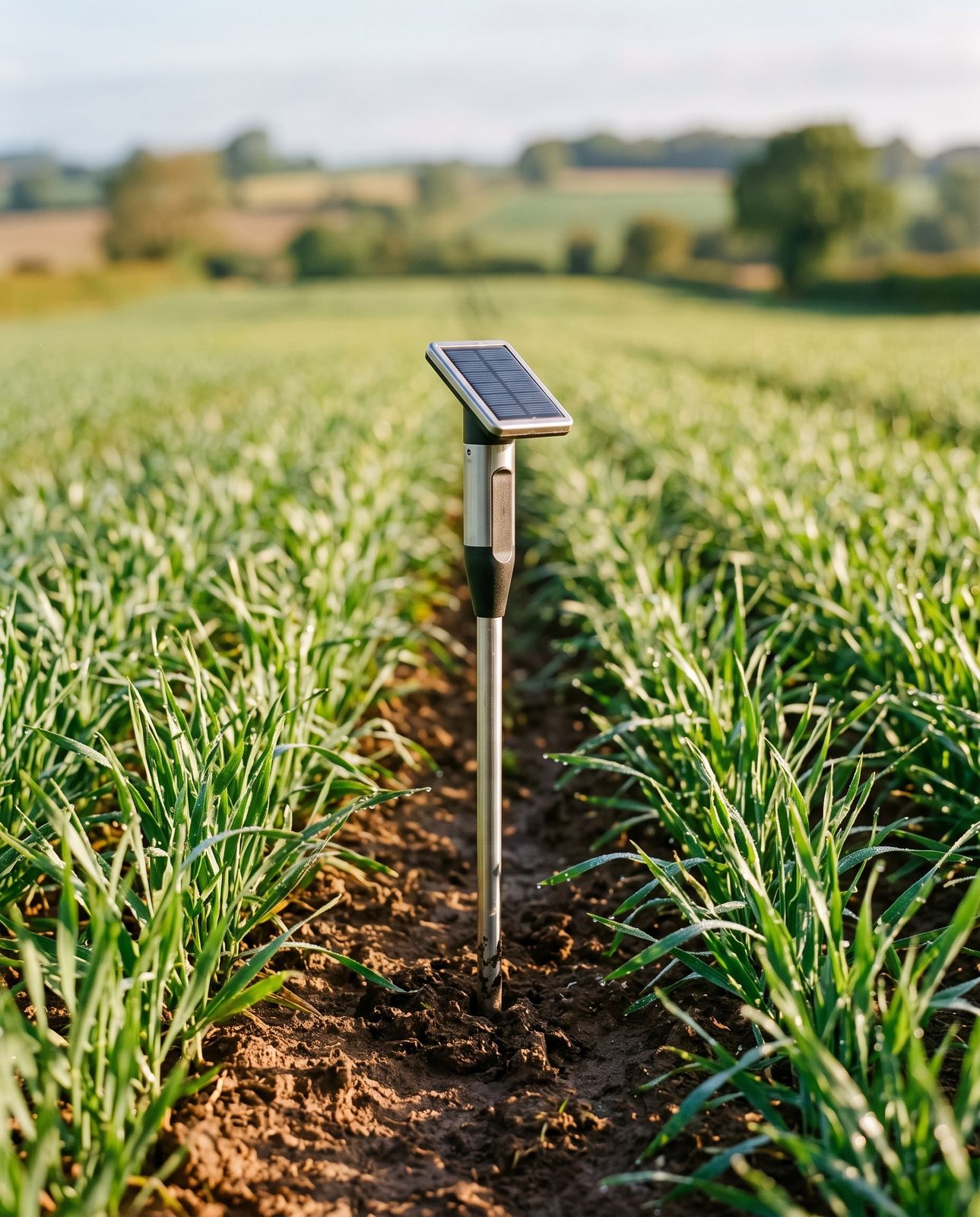 Soil sensor probe standing in a young crop row