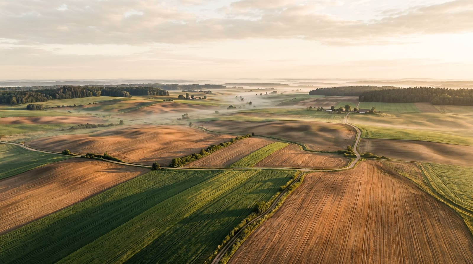 Zvlněná slovenská zemědělská krajina za úsvitu, nízká mlha nad řádky polí